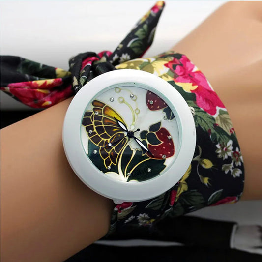 Relógio Feminino Elegante – Pulseira em Chiffon Floral