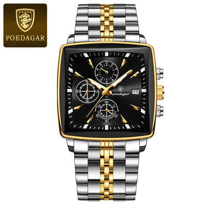 POEDAGAR Business – Relógio Masculino Quadrado em Aço Inoxidável
