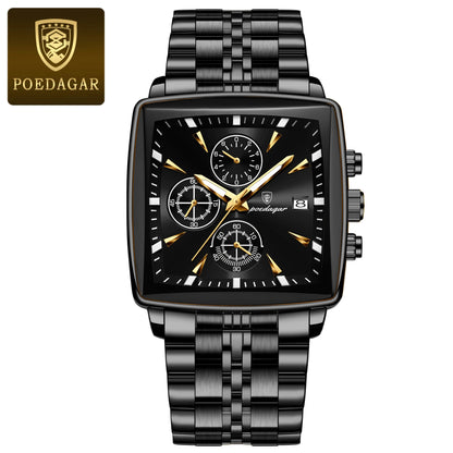POEDAGAR Business – Relógio Masculino Quadrado em Aço Inoxidável