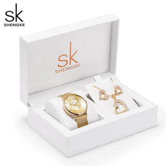 Kit Feminino Elegante – Relógio, Colar e Brincos